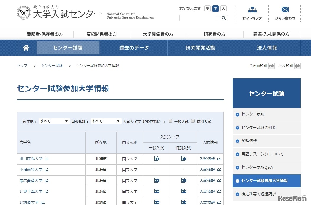 センター試験参加大学情報