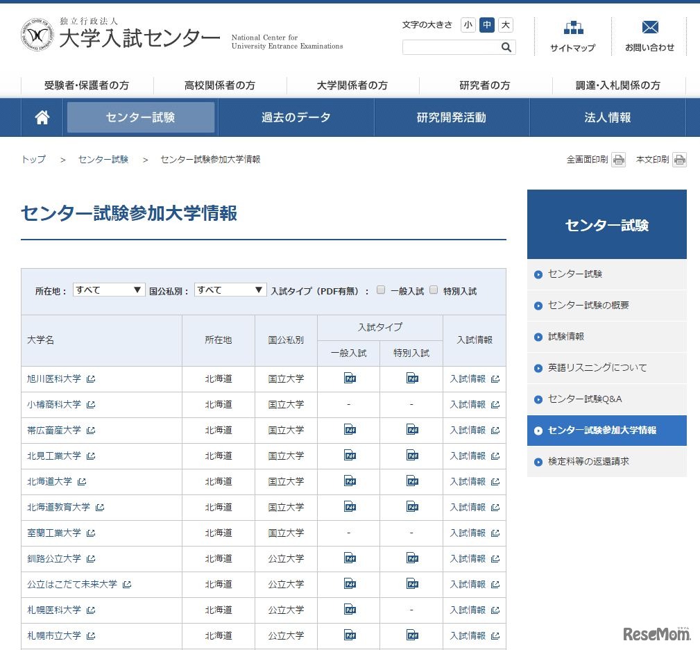 センター試験参加大学情報