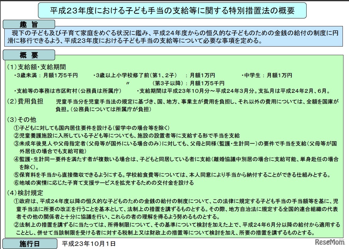平成23年度における子ども手当の支給等に関する特別措置法の概要