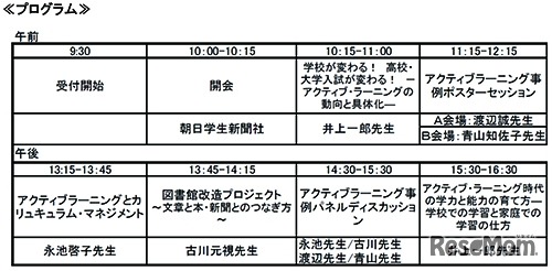 朝日学生新聞社　ジュニア朝日　「アクティブ・ラーニングの能力を育成し、活用するカリキュラムの開発と実践のための教育フォーラム」　タイムスケジュール