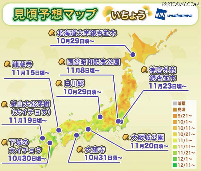 全国の紅葉見頃予想マップ いちょう
