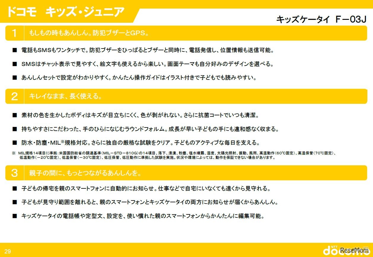 製品の特長　NTTドコモ　2016-2017年冬春の新商品ラインアップ「キッズケータイ F-03J」