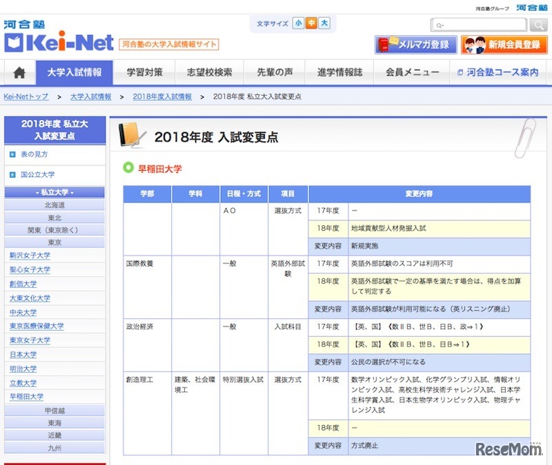 2018年度入試変更点（早稲田大学）
