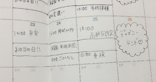1段目自分　2段目子ども　3段目旦那・その他で分けて、共通の予定は分けずに記入