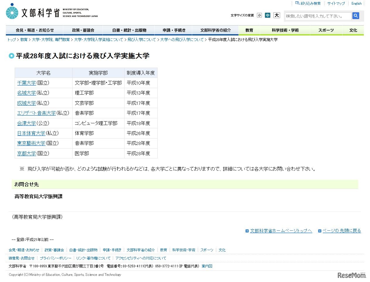 文部科学省　平成28年度入試における飛び入学実施大学一覧