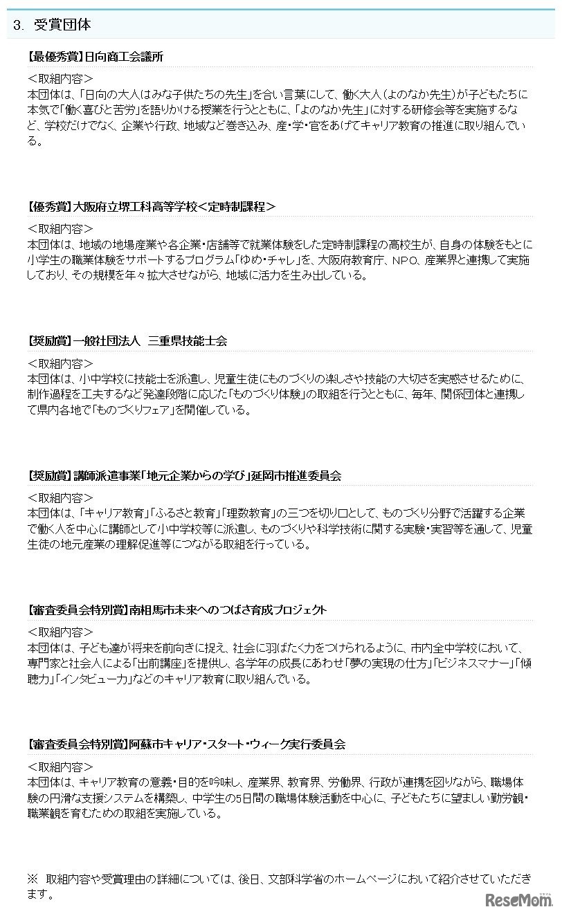 文部科学省　「第6回キャリア教育推進連携表彰」　受賞団体一覧
