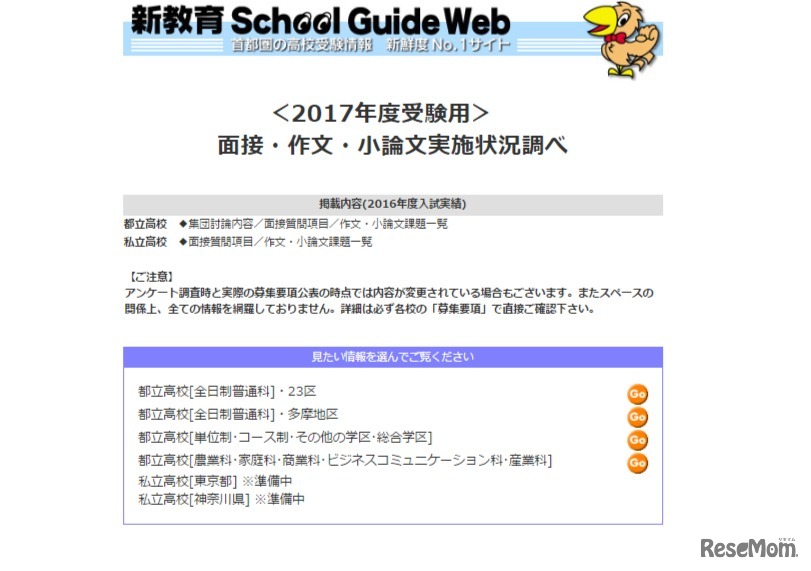 2017年度受験用 面接・作文・小論文実施状況調べ