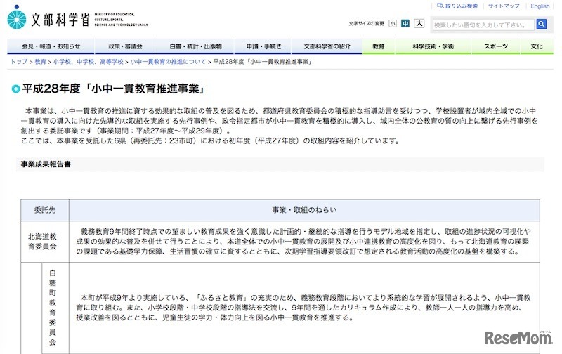 平成28年度「小中一貫教育推進事業」