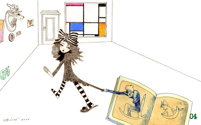 「ちょっと待って！」『おばあさんになった女の子は』より 紙/色鉛筆・水彩 230×367mm