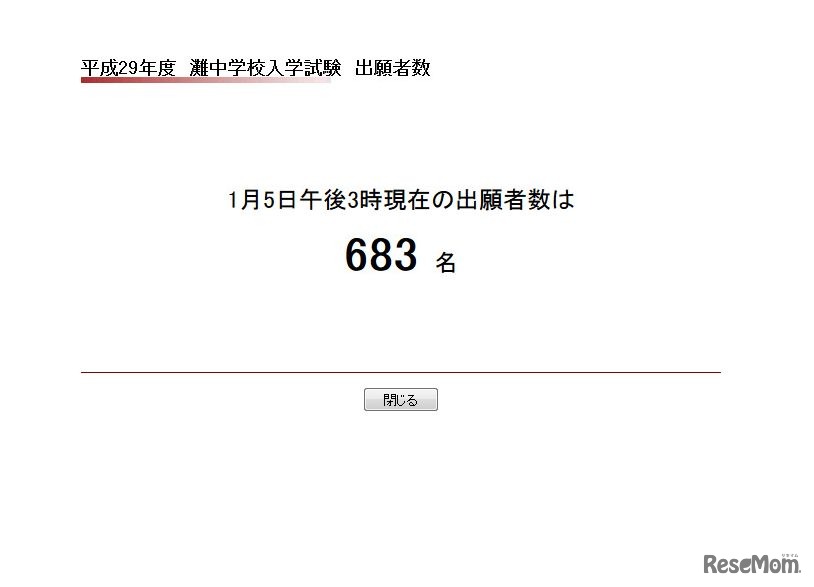 平成29年度　灘中学校入学試験　出願者数（平成29年1月5日午後3時時点）