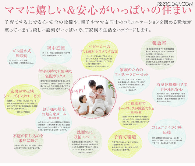 宅配ボックスやIC乗車券で施錠できるオートロックなどセキュリティ・防犯面も配慮。授乳室や子供用家具を設置した「集会室」はネット予約可能（画像はプレスリリースより）