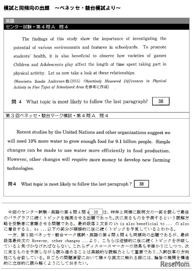 模試と同傾向の出題（英語）