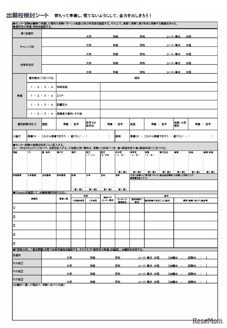 出願校検討シート