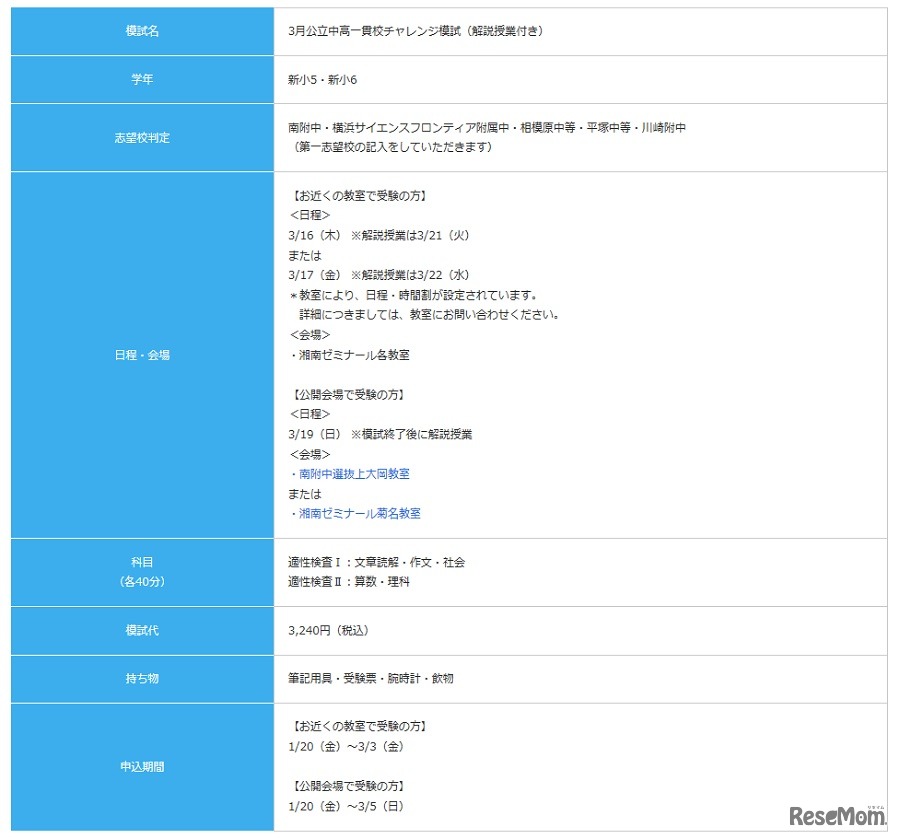 3月公立中高一貫校チャレンジ模試（解説授業付き）