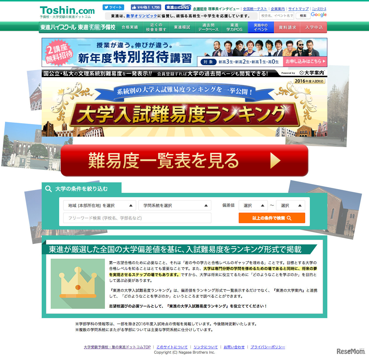 東進ドットコム：大学入試難易度ランキング