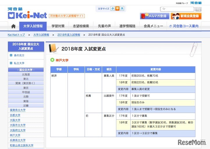 2018年度入試変更点（神戸大学）