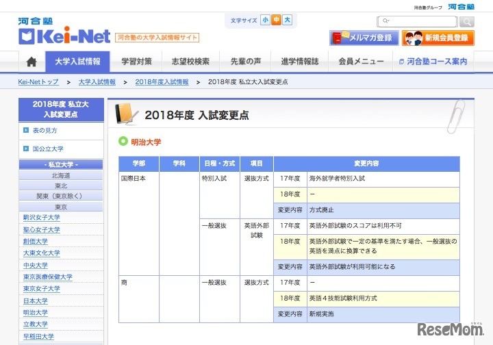 2018年度入試変更点（明治大学）