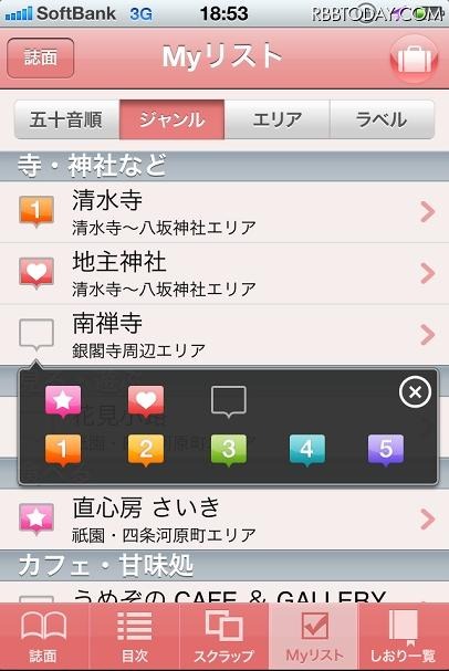 行きたい場所の情報を集めてラベルやメモで整理できる「Myリスト機能」