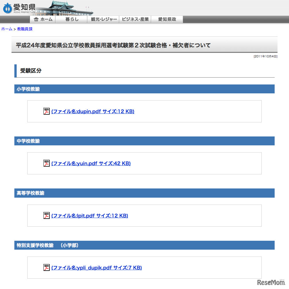 平成24年度愛知県公立学校教員採用選考試験第２次試験合格・補欠者について
