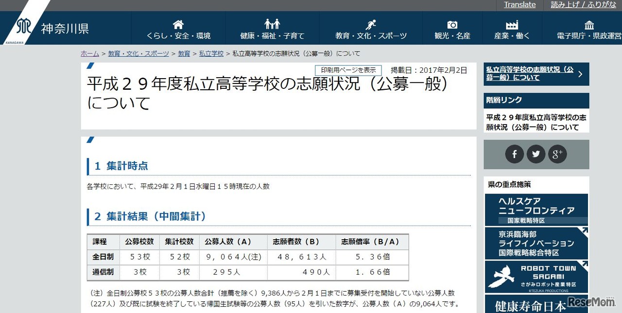 神奈川県私立高の志願状況