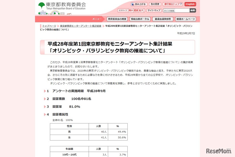 平成28年度第1回東京都教育モニターアンケート「オリンピック・パラリンピック教育の推進について」