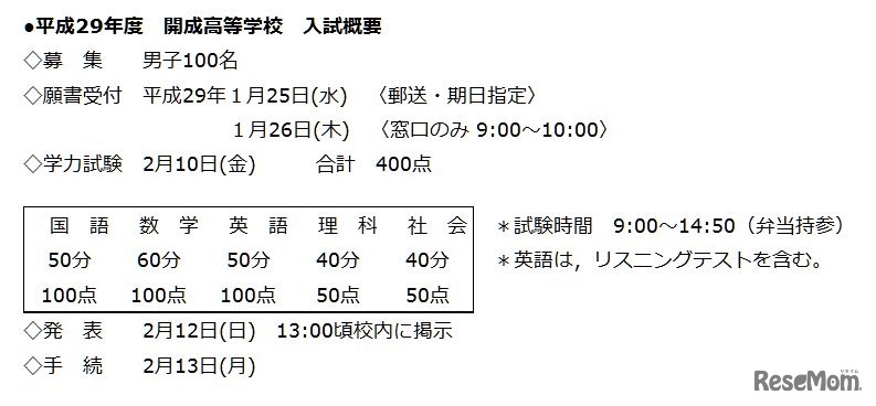 開成高等学校　平成29年度（2017年度）入試概要