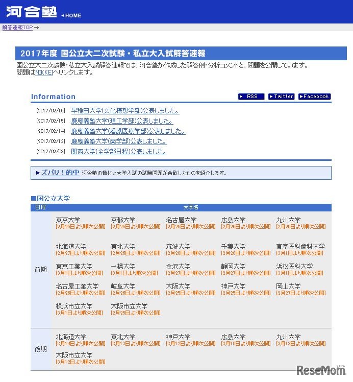 河合塾　大学入試解答速報　国公立大二次試験・私大入試の問題、解答例、分析コメントを掲載