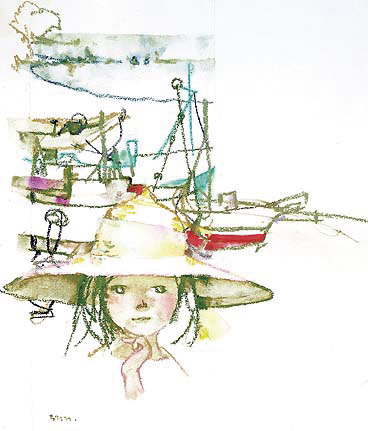 いわさきちひろ　少女と港の風景　1970年