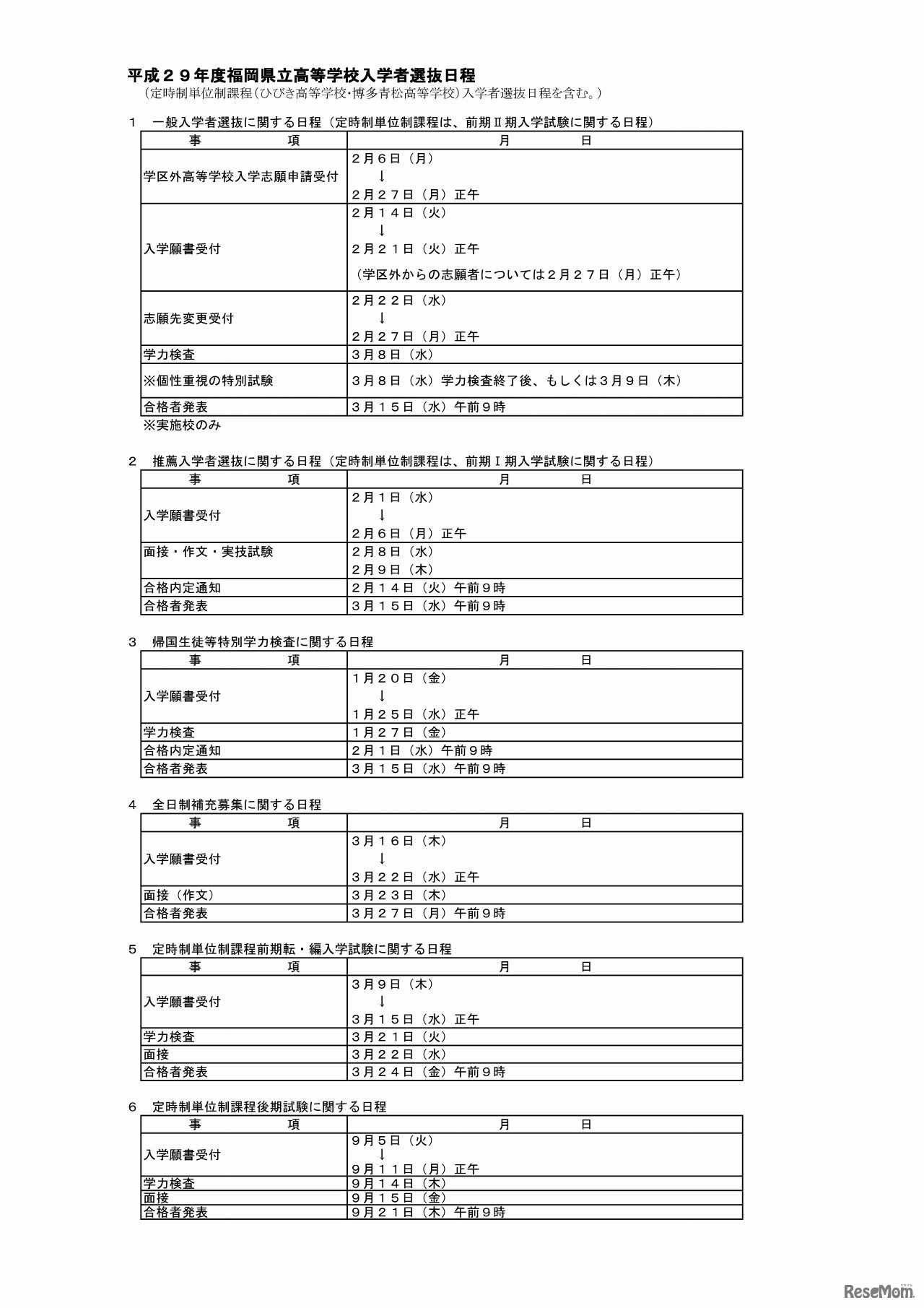 福岡県　平成29年度県立高等学校入学者選抜日程