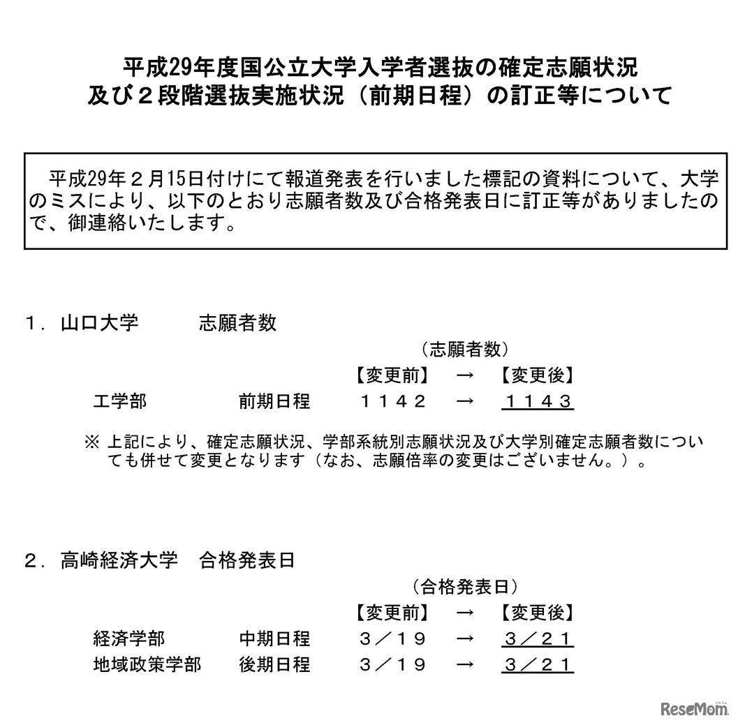 平成29年度（2017年度）国公立大学入学者選抜の確定志願状況および前期日程の2段階選抜実施状況の訂正などについて