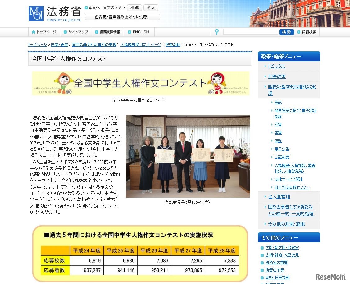 法務省　全国中学生人権作文コンテスト　平成28年度の全国中学生人権作文コンテストの表彰式風景