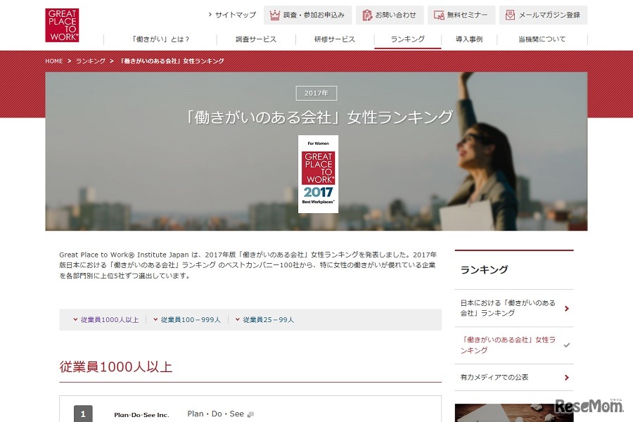 2017年版「働きがいのある会社」女性ランキング