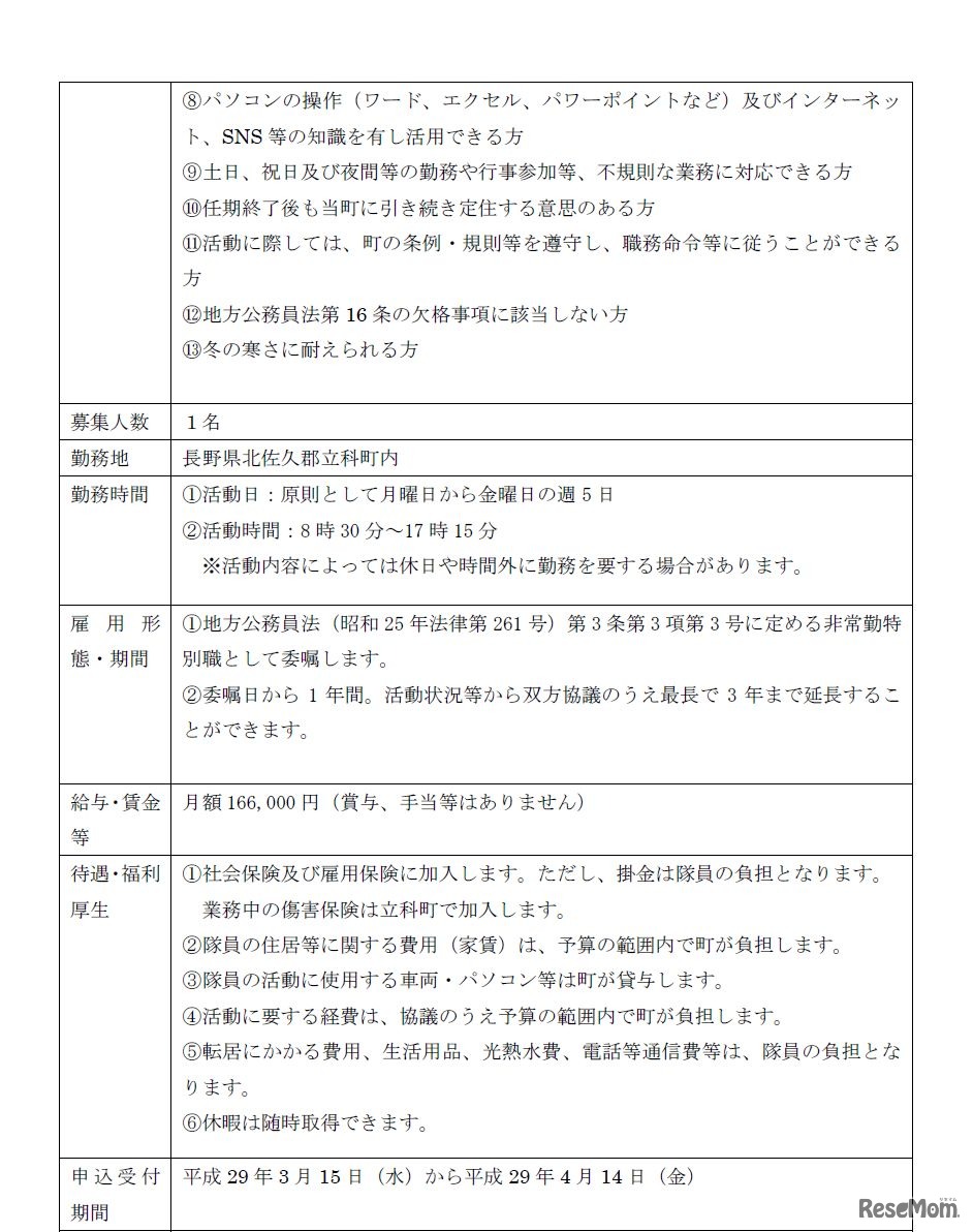立科町「地域おこし協力隊　隊員募集」　応募条件