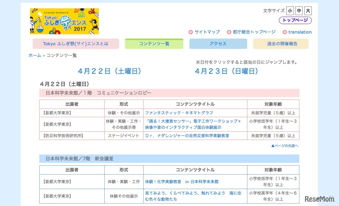 Tokyoふしぎ祭（サイ）エンス2017 開催プログラム一部