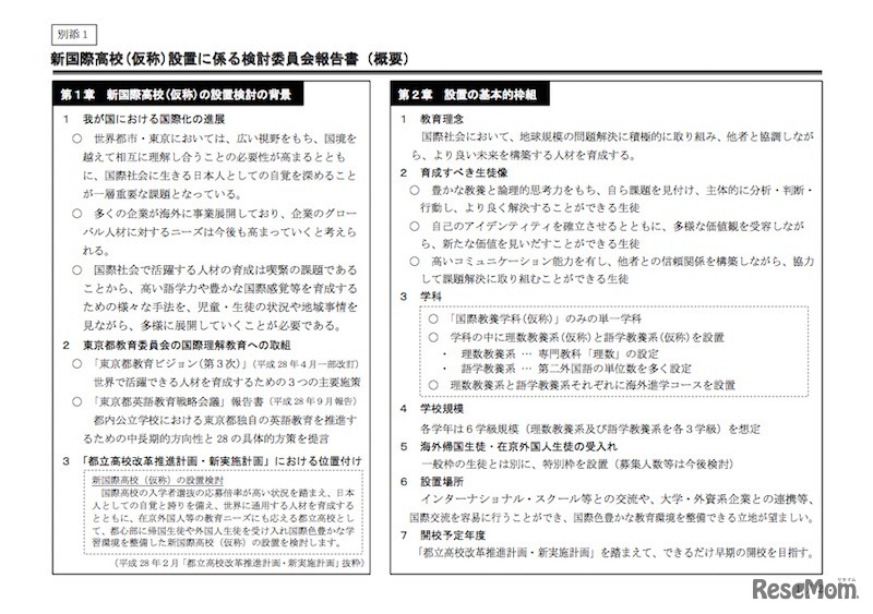 新国際高校（仮称）設置に係る検討委員会報告書（概要）