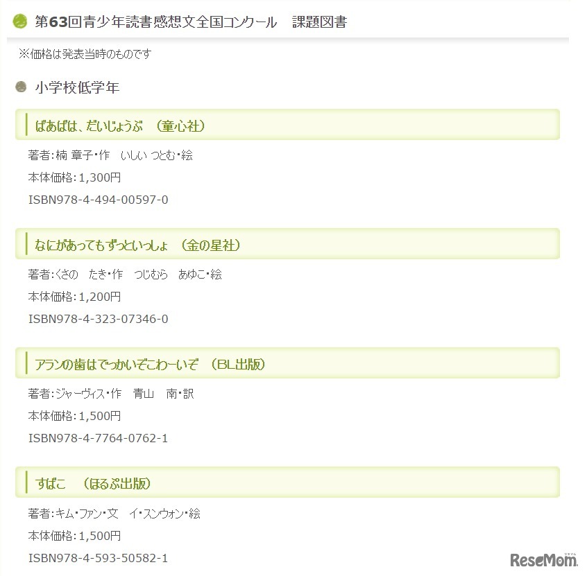 第63回青少年読書感想文全国コンクール　課題図書（一部）