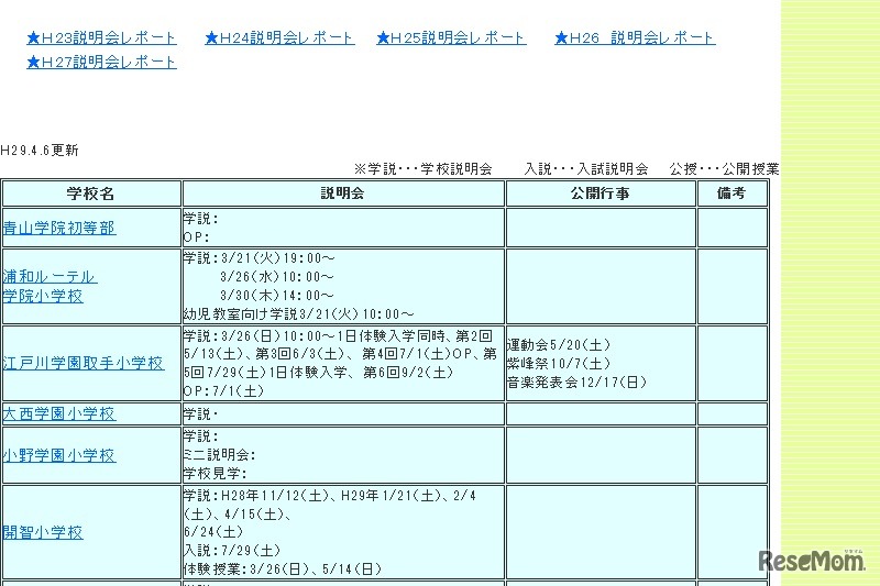 説明会日程表（一部）