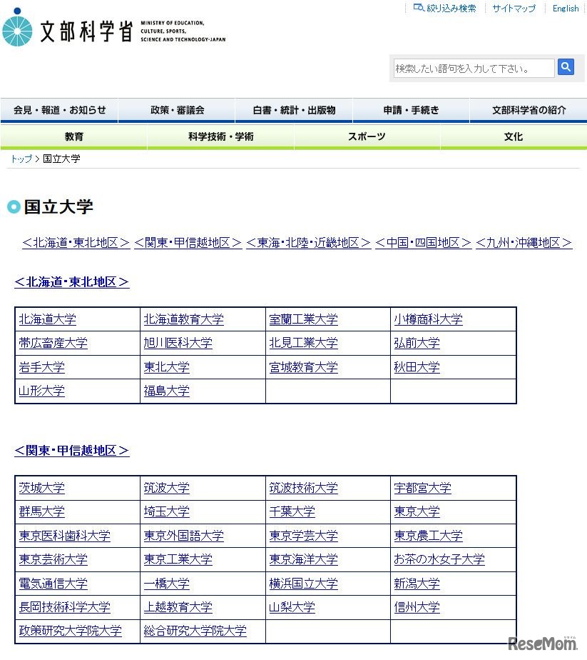 文部科学省　国立大学一覧 （一部）