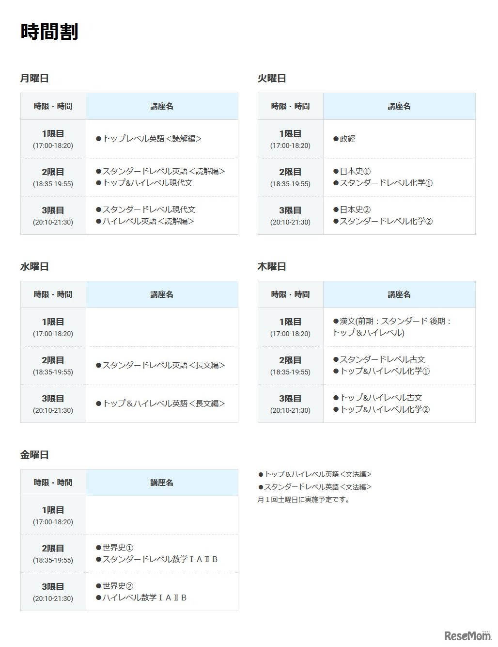 スタディサプリラボ　時間割