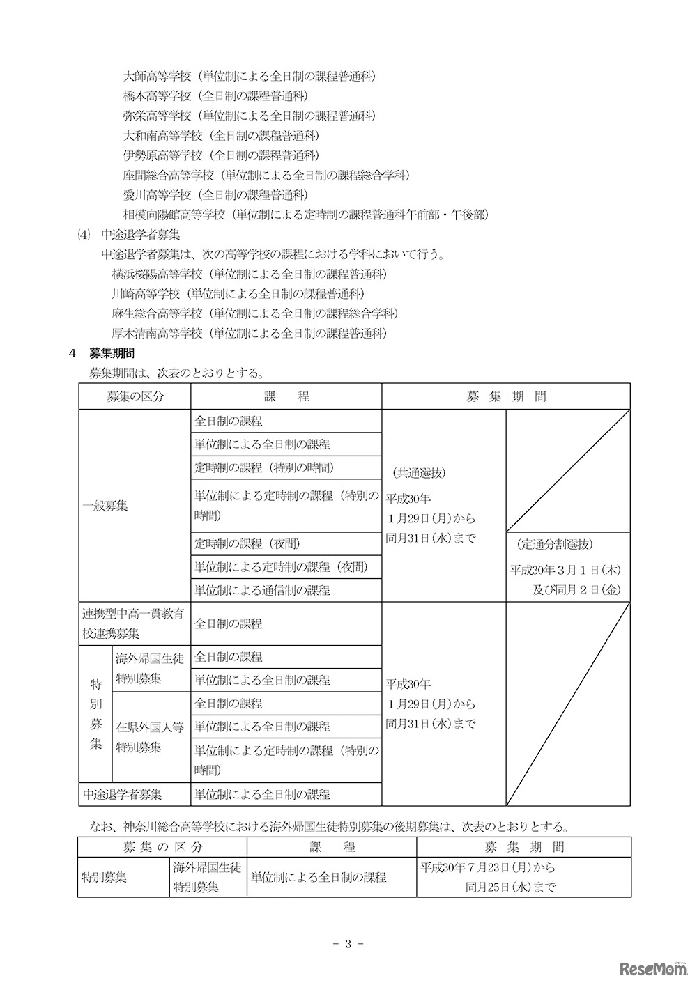 平成30年度 神奈川県立の高等学校の入学者の募集及び選抜要綱（3／8ページ）