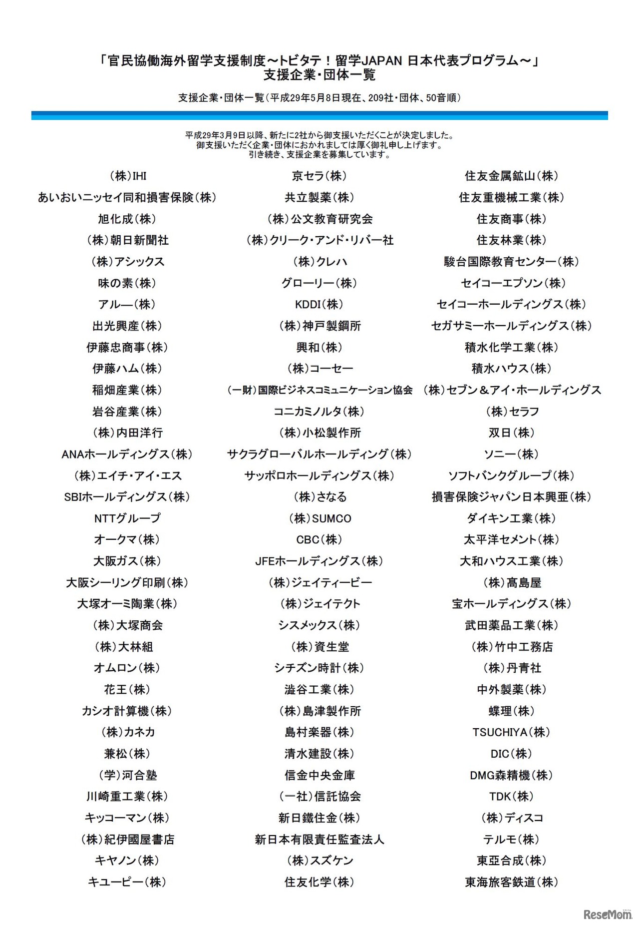 トビタテ！留学JAPAN　支援企業・団体一覧（1/2）