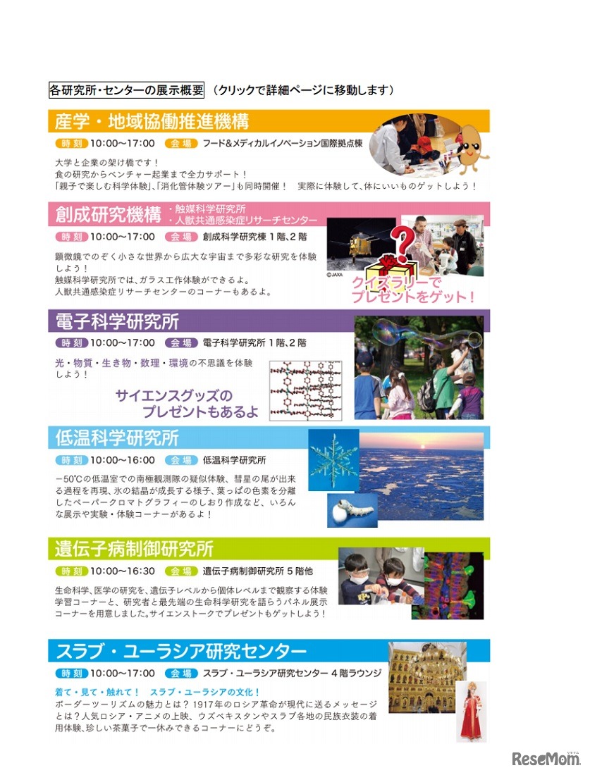 北海道大学一般公開内容　「見て、聞いて、触って楽しむ最先端科学」