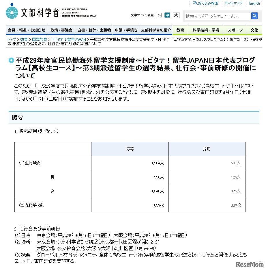 平成29年度官民協働海外留学支援制度～トビタテ！留学JAPAN日本代表プログラム【高校生コース】　第3期派遣留学生の選考結果