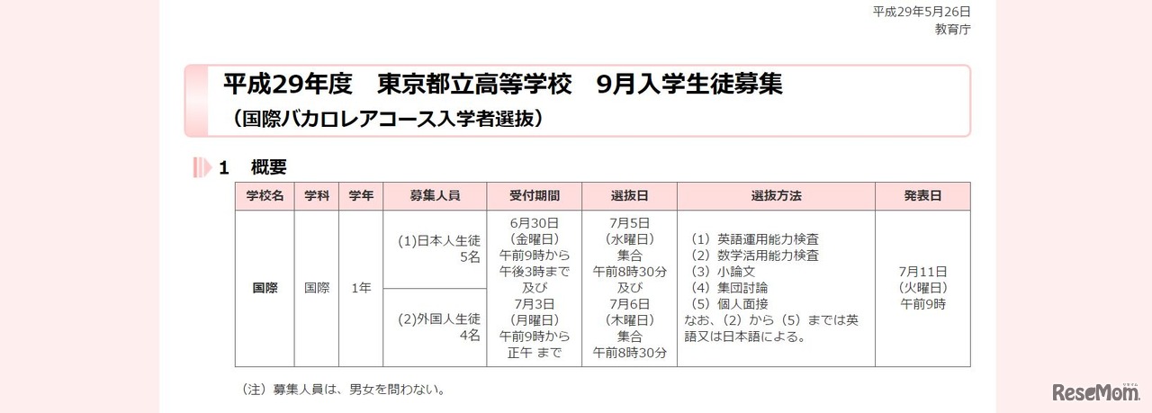 平成29年度　東京都立高等学校9月入学生徒募集（国際バカロレアコース入学者選抜）　概要