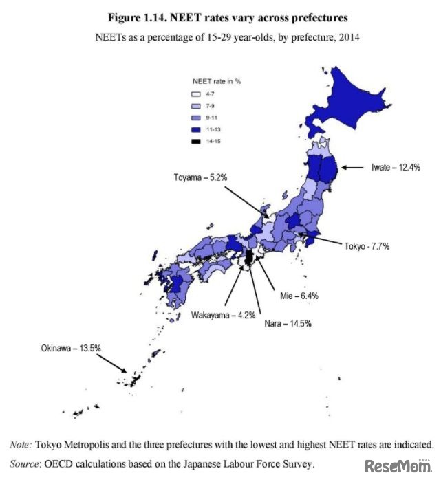 15歳～29歳のニートの割合（2014年、都道府県別）