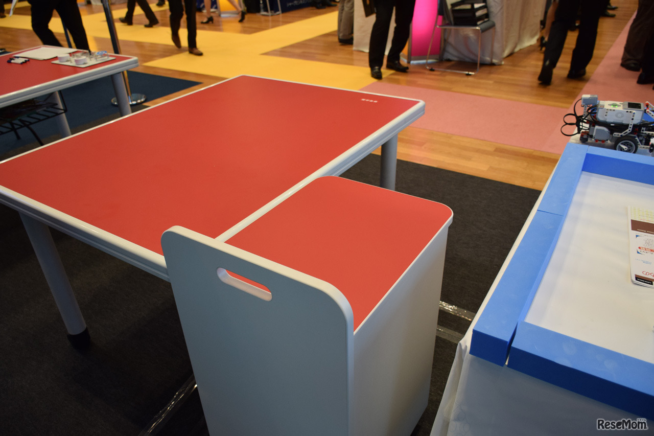 黒板下も収納棚は机と同じ高さで袖机として利用できる（未来の理科教室）