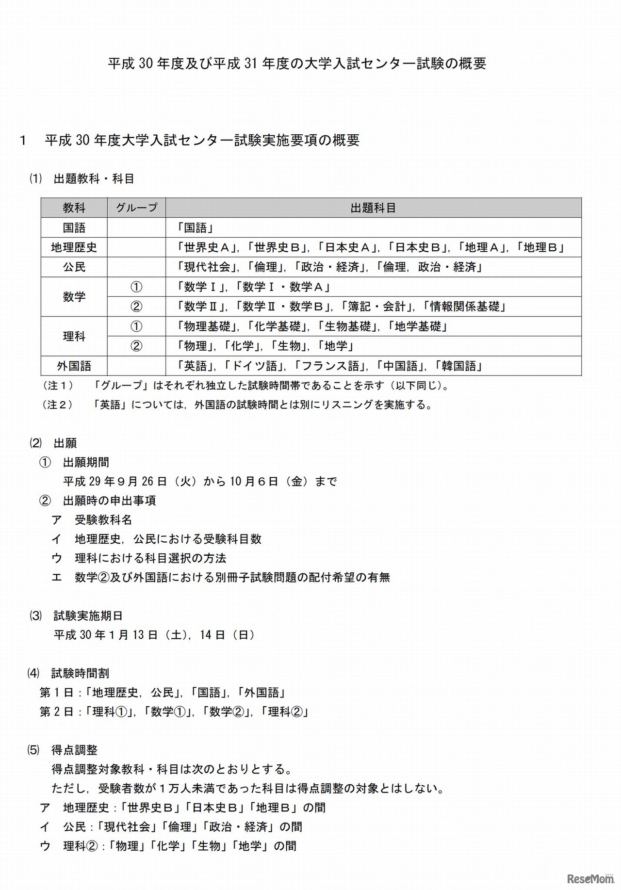 平成30年度（2018年度）大学入学者選抜大学入試センター試験の概要（全体スケジュールや教科・科目などについて）