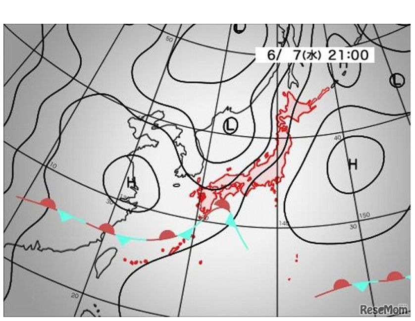 梅雨前線からは少し遠い北陸や東北は低気圧の影響で曇りや雨　（画像：ウェザーニュース）