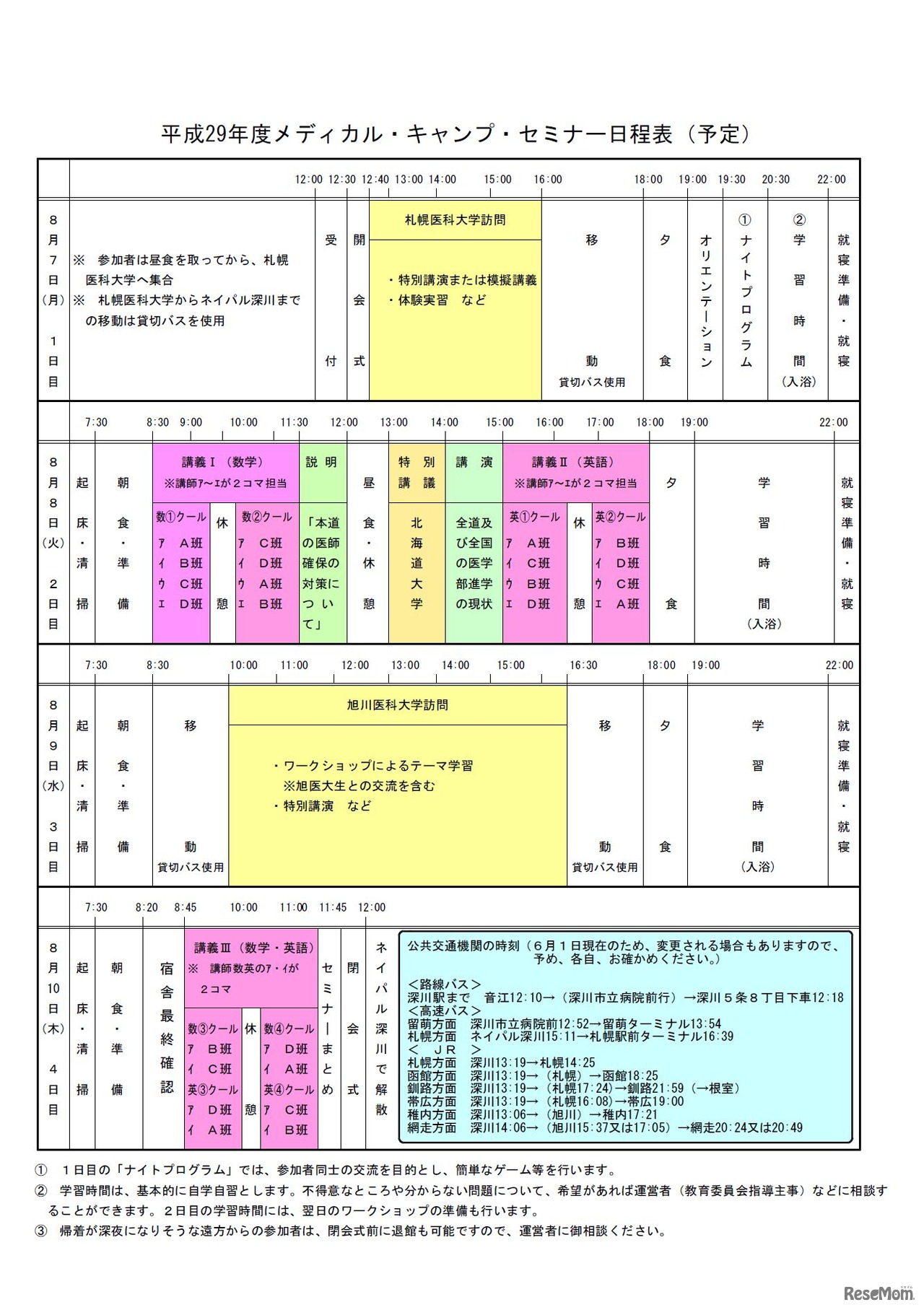 平成29年度メディカル・キャンプ・セミナー　日程表