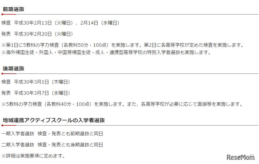 平成30年度（2018年度）千葉県県立高校入試　入学者選抜の日程（高校受験）
